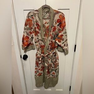 floral block print cotton kimono-style robe 100% cotton tie waist lightweight